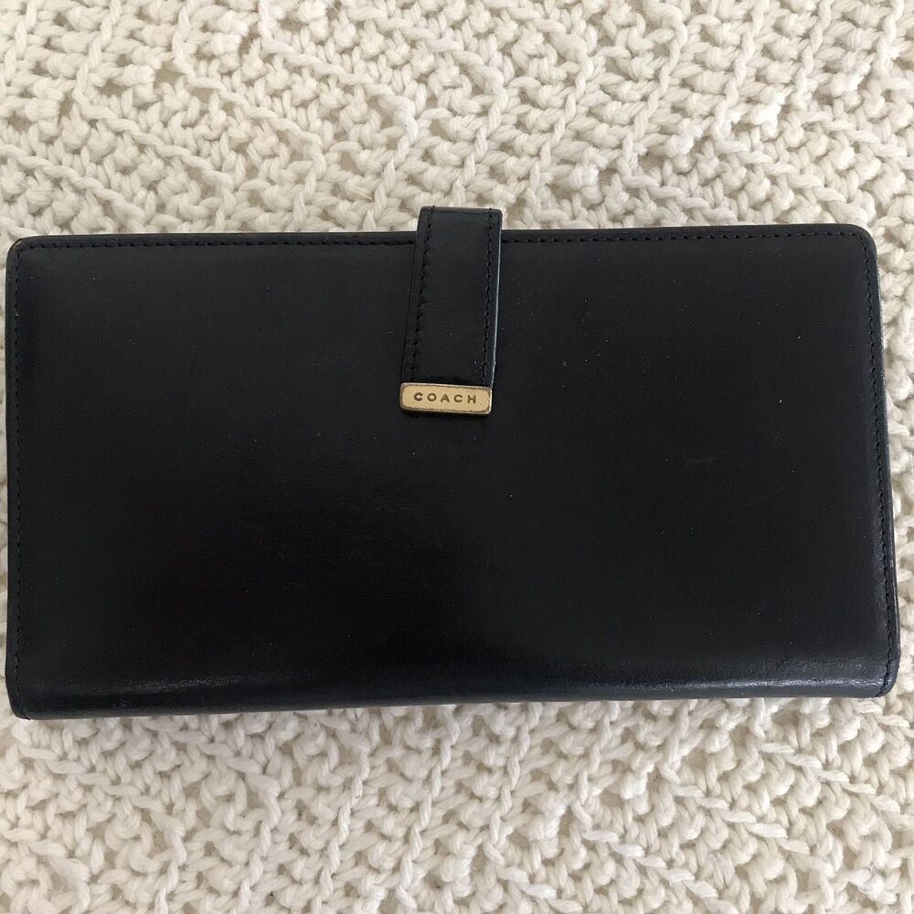 COACH Vintage Black Leather Wallet Organizer Checkbook Id Credit Card Holder
